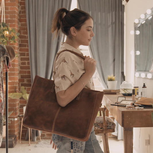 Carmel Leather Tote Bag, Durable Women Tote for Toiletries or Electronic Devices, Handcrafted High Quality Shoulder Laptop Tote