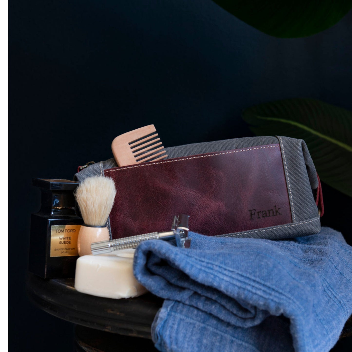 Personalized Toiletry Bag Top Grain Leather and Canvas Travel Bag Dopp Kit Makeup Case, Customized Cosmetic Bag, Unisex Travel Cosmetic Bag