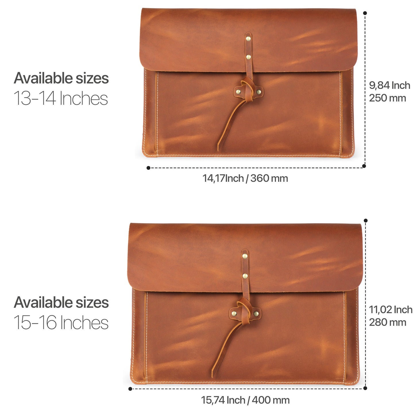Personalized Top Grain Leather Bag for MacBook Pro and Air 16", 14", 13", 13.3" 15", 12.9 iPad Case & Front Pocket Flap