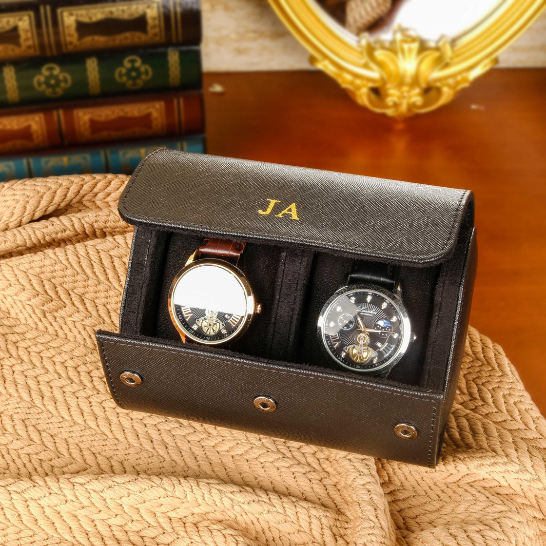 Personalized Vegan Leather Watch Box, Watch Roll for 3 Watches, Travel Watch Case, Groomsman Watch Case Gift, Father's Day gift,Wedding gift