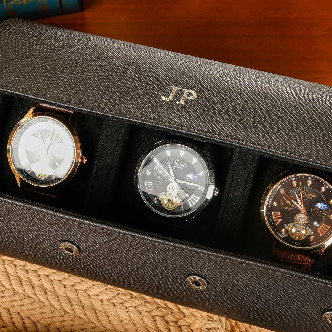 Personalized Vegan Leather Watch Box, Watch Roll for 3 Watches, Travel Watch Case, Groomsman Watch Case Gift, Father's Day gift,Wedding gift