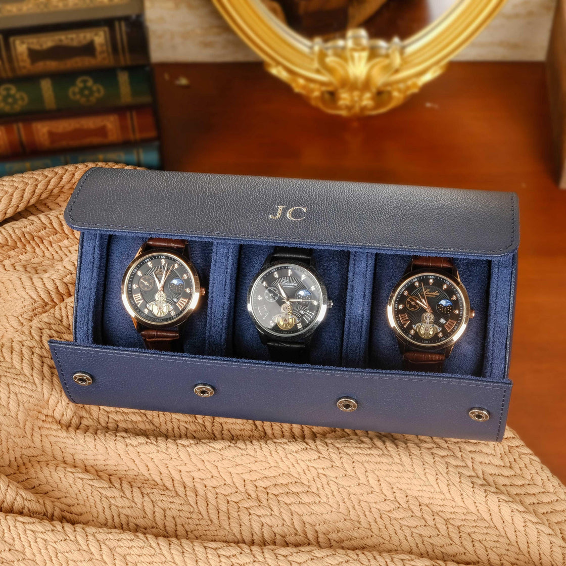 Personalized Leather Watch Box, Vegan Leather Watch Box, Watch Roll for 3 Watches, Wedding groomsmen gifts, Travel Watch Box, Gifts for him