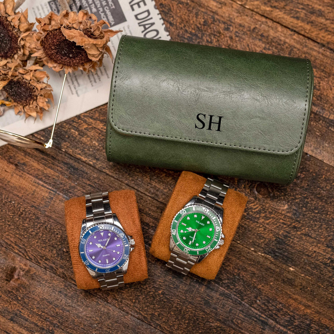Personalized Leather Watch case, Watch box for 3 Watches, Vegan Leather Watch roll, Wedding groomsmen gifts, Watch travel case, Watch holder
