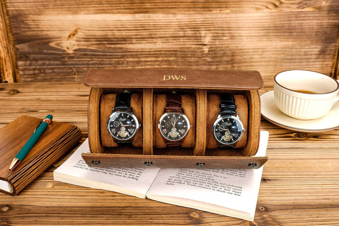 Personalized Leather Watch case, Watch box for 3 Watches, Vegan Leather Watch roll, Wedding groomsmen gifts, Watch travel case, Watch holder