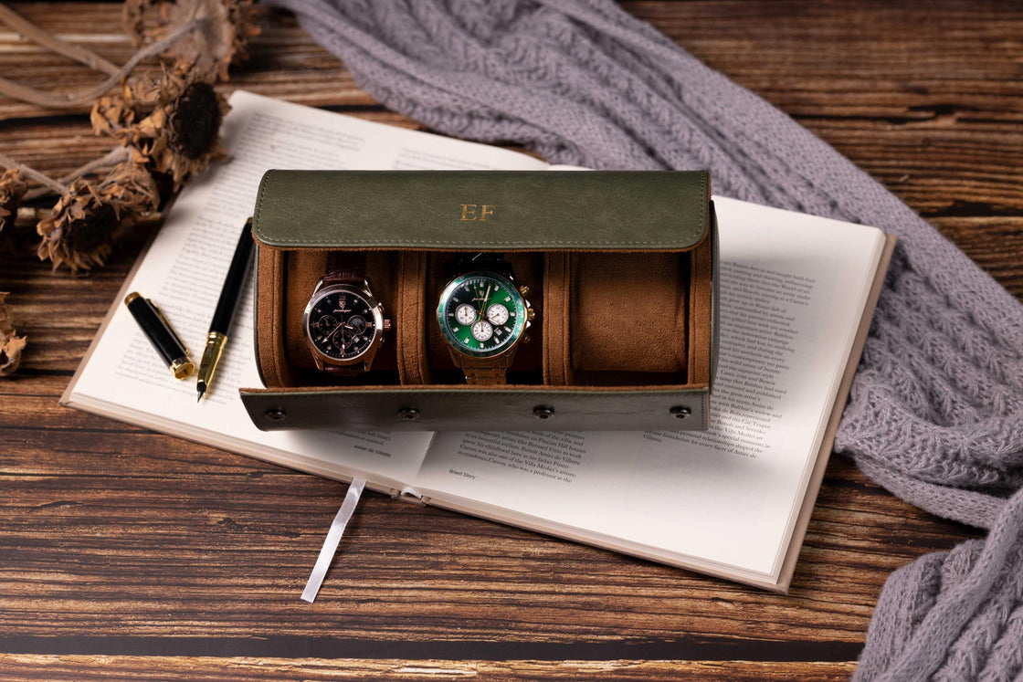 Personalized Leather Watch Box, Wedding groomsmen gift, Wedding Match Favors, Travel gift, Vegan Leather Watch Case,Watch Roll for 3 Watches