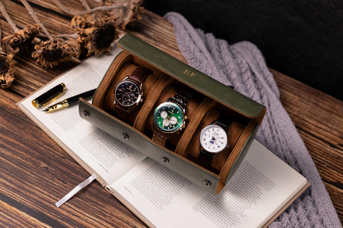 Personalized Leather Watch Box, Vegan Leather Watch Case, Watch Roll for 3 Watches, Wedding groomsmen gifts, Watch travel case, Thanksgiving